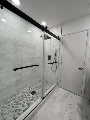 Bathroom, Glass Shower, Interior, Marble, Marble Walls, Recessed Lighting