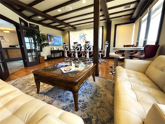 Dining room, Interior, Living room, Recessed Lighting, Wood Texture Flooring