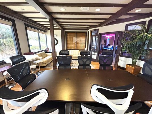 Dining room, Interior, Living room, Recessed Lighting, Wooden Beams