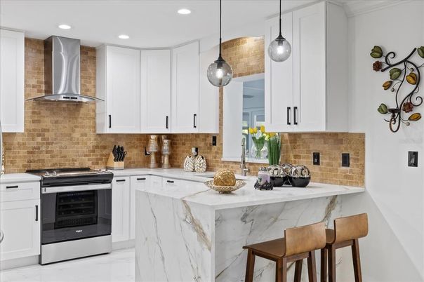 Interior, Kitchen, Marble, Pendant Lights, Recessed Lighting, Stainless Steel Appliances