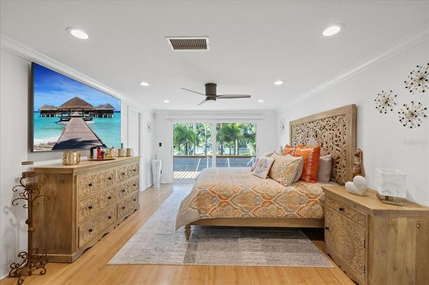 Bedroom, Interior, Recessed Lighting, Wood Texture Flooring