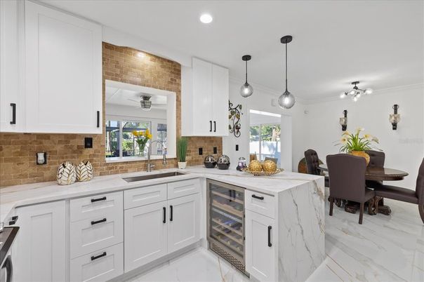 Dining room, Interior, Kitchen, Marble, Pendant Lights, Recessed Lighting, Stone Walls