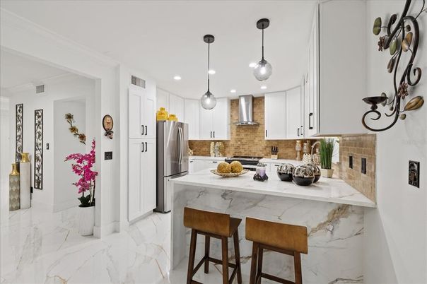 Interior, Kitchen, Marble, Pendant Lights, Recessed Lighting, Stainless Steel Appliances