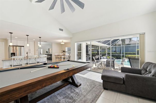 Billiard Table, Dining room, Game Room, Interior, Kitchen, Living room, Pendant Lights, Stainless Steel Appliances