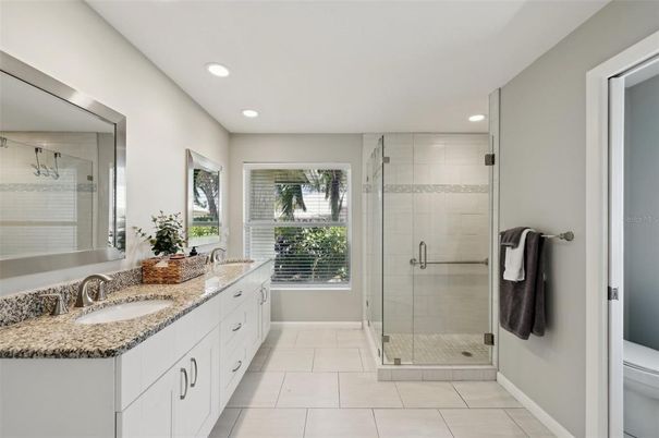 Bathroom, Dual Sink Vanities, Glass Shower, Interior, Recessed Lighting