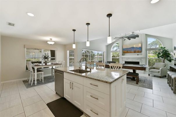 Dining room, Fireplace, Interior, Kitchen, Living room, Pendant Lights, Recessed Lighting