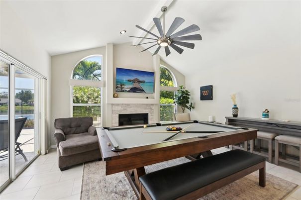 Billiard Table, Fireplace, Game Room, Interior, Pendant Lights, Recessed Lighting