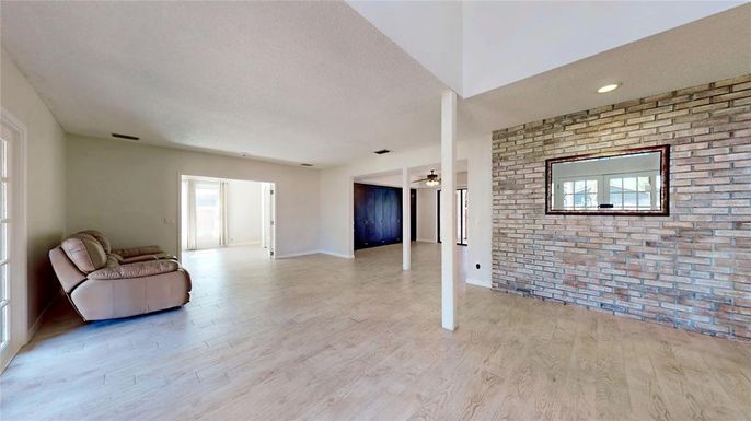 Empty room, Interior, Recessed Lighting, Stone Walls, Wood Texture Flooring
