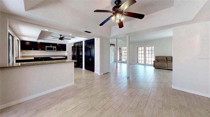 Empty room, Interior, Kitchen, Recessed Lighting, Wood Texture Flooring