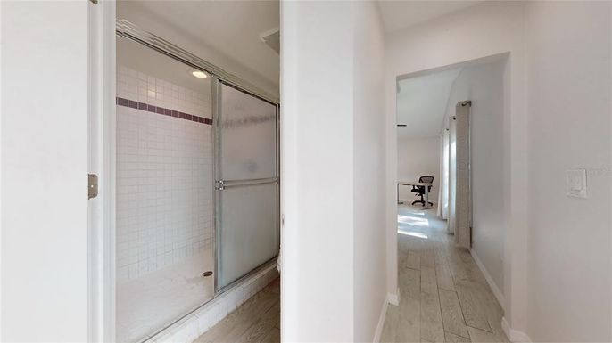 Bathroom, Glass Shower, Interior, Wood Texture Flooring