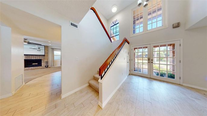 Fireplace, Interior, Recessed Lighting, Wood Texture Flooring