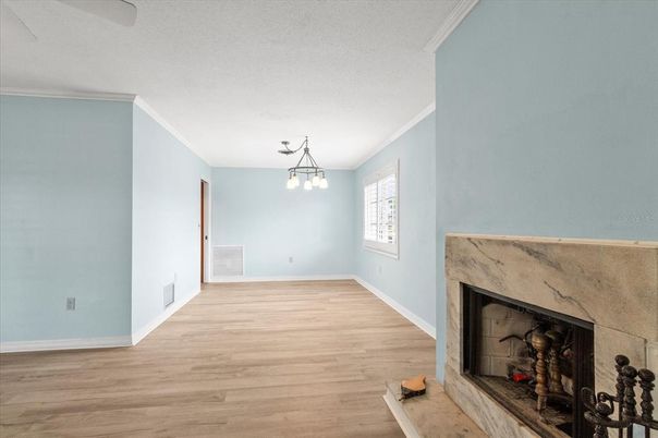 Empty room, Fireplace, Interior, Pendant Lights, Wood Texture Flooring