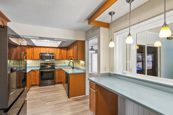 Interior, Kitchen, Pendant Lights, Stainless Steel Appliances, Wood Texture Flooring