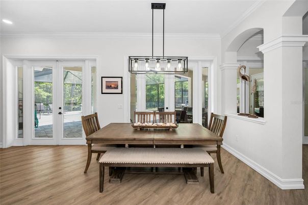 Dining room, Interior, Pendant Lights, Recessed Lighting, Wood Texture Flooring