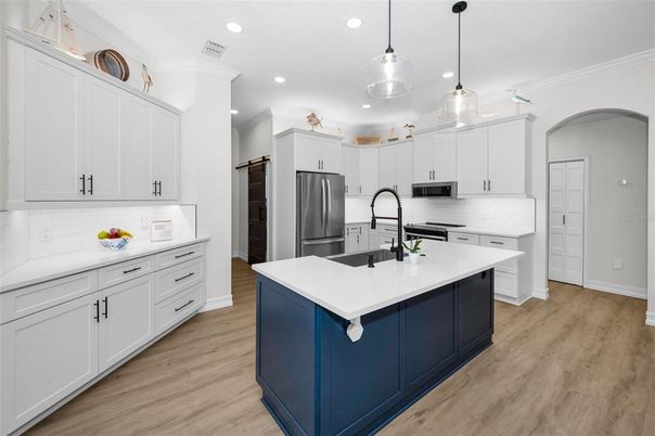 Interior, Kitchen, Pendant Lights, Recessed Lighting, Stainless Steel Appliances, Wood Texture Flooring