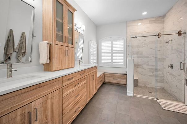 Bathroom, Dual Sink Vanities, Glass Shower, Interior, Marble Walls, Recessed Lighting
