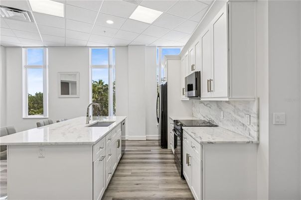 Interior, Kitchen, Marble Walls, Recessed Lighting, Wood Texture Flooring