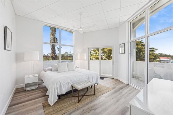 Bedroom, Interior, Pendant Lights, Wood Texture Flooring