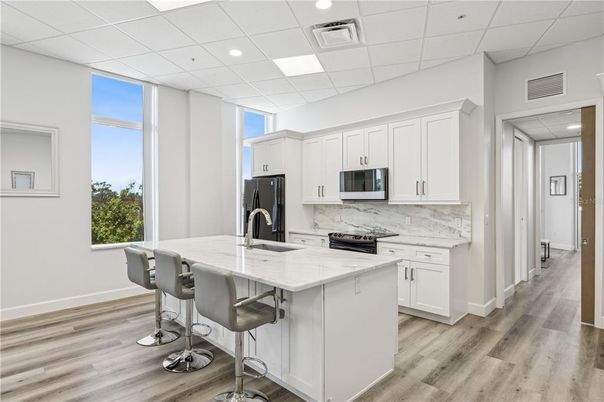 Interior, Kitchen, Marble Walls, Recessed Lighting, Wood Texture Flooring