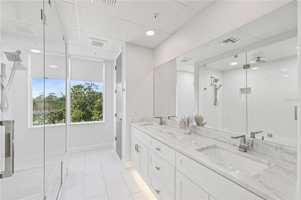 Bathroom, Dual Sink Vanities, Glass Shower, Interior, Recessed Lighting