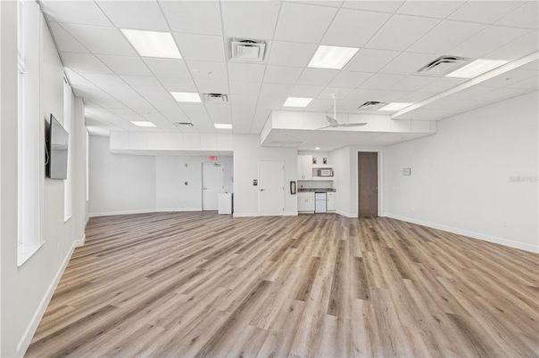 Empty room, Interior, Kitchen, Recessed Lighting, Wood Texture Flooring