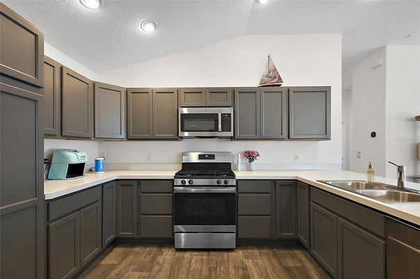 Interior, Kitchen, Recessed Lighting, Stainless Steel Appliances, Wood Texture Flooring