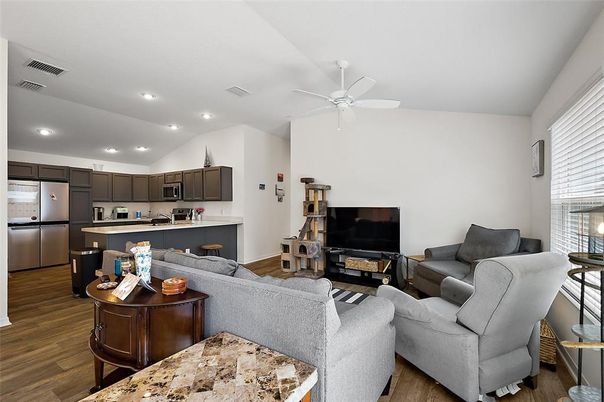 Interior, Kitchen, Living room, Recessed Lighting, Stainless Steel Appliances, Wood Texture Flooring