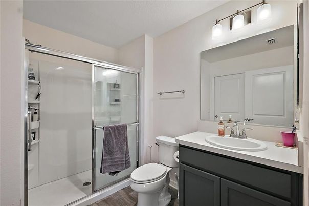 Bathroom, Glass Shower, Interior, Wood Texture Flooring