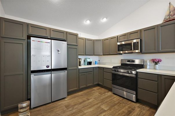 Interior, Kitchen, Recessed Lighting, Stainless Steel Appliances, Wood Texture Flooring