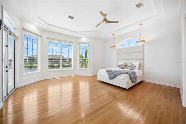 Bedroom, Interior, Pendant Lights, Recessed Lighting, Wood Texture Flooring