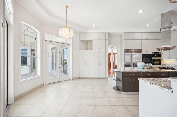 Chandelier, Interior, Kitchen, Recessed Lighting, Stainless Steel Appliances