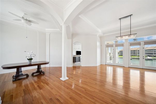 Chandelier, Empty room, Interior, Pendant Lights, Water, Wood Texture Flooring