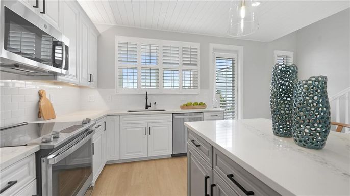 Interior, Kitchen, Pendant Lights, Stainless Steel Appliances, Wood Texture Flooring