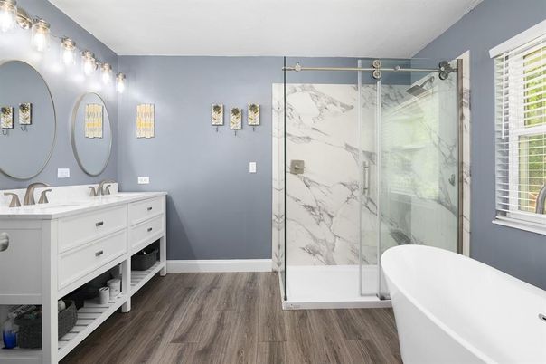 Bathroom, Free Standing Baths, Glass Shower, Interior, Marble Walls, Wood Texture Flooring