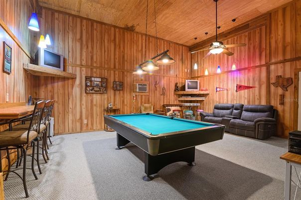 Billiard Table, Game Room, Interior, Pendant Lights, Wooden Ceilings, Wooden Walls