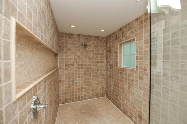 Bathroom, Glass Shower, Interior, Recessed Lighting, Stone Walls