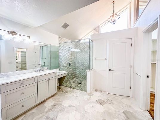Bathroom, Dual Sink Vanities, Glass Shower, Interior, Marble, Pendant Lights