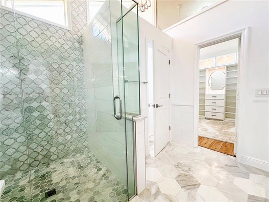 Bathroom, Glass Shower, Interior, Marble, Wood Texture Flooring