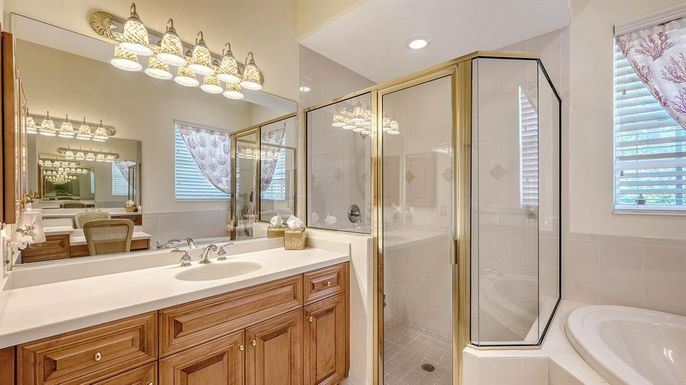 Bathroom, Dual Sink Vanities, Glass Shower, Interior, Recessed Lighting