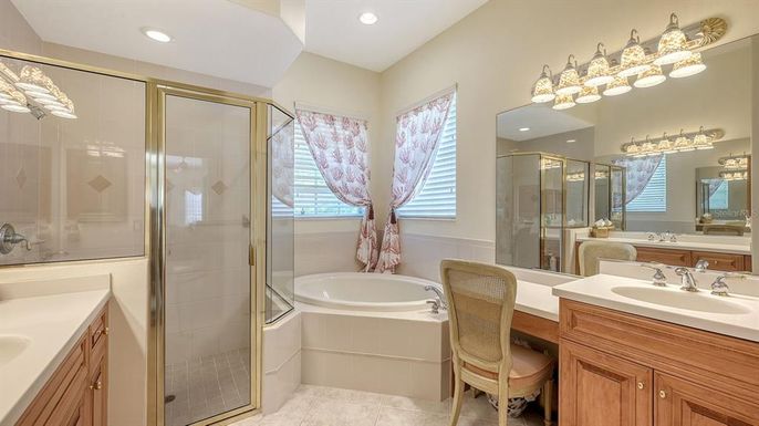 Bathroom, Dual Sink Vanities, Glass Shower, Interior, Recessed Lighting
