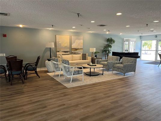 Dining room, Interior, Living room, Recessed Lighting, Wood Texture Flooring