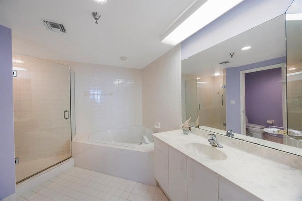 Bathroom, Dual Sink Vanities, Glass Shower, Interior, Recessed Lighting
