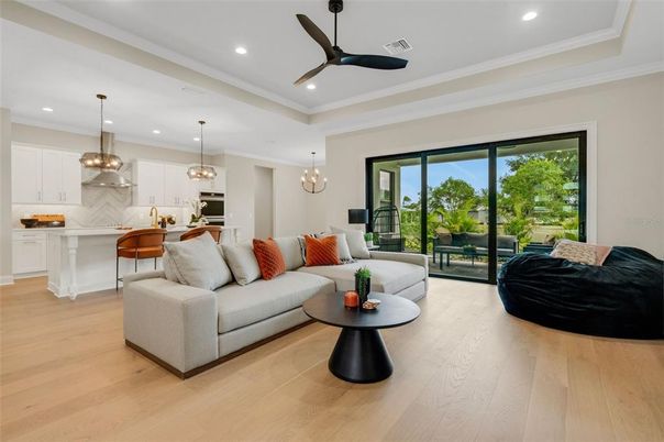 Chandelier, Interior, Kitchen, Living room, Pendant Lights, Recessed Lighting, Wood Texture Flooring