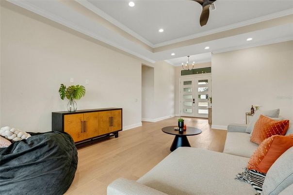 Chandelier, Interior, Living room, Recessed Lighting, Wood Texture Flooring