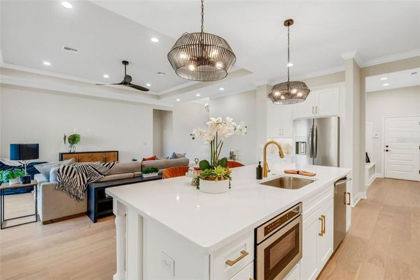 Interior, Kitchen, Living room, Pendant Lights, Recessed Lighting, Stainless Steel Appliances, Wood Texture Flooring