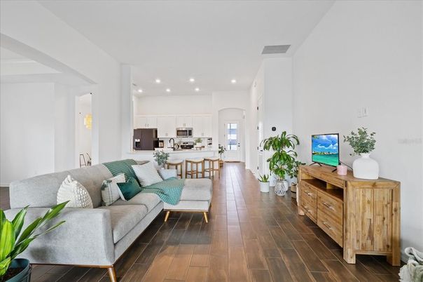 Interior, Kitchen, Living room, Recessed Lighting, Stainless Steel Appliances, Wood Texture Flooring