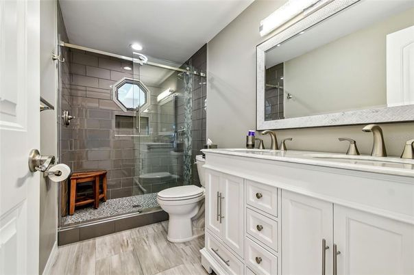 Bathroom, Glass Shower, Interior, Recessed Lighting, Wood Texture Flooring