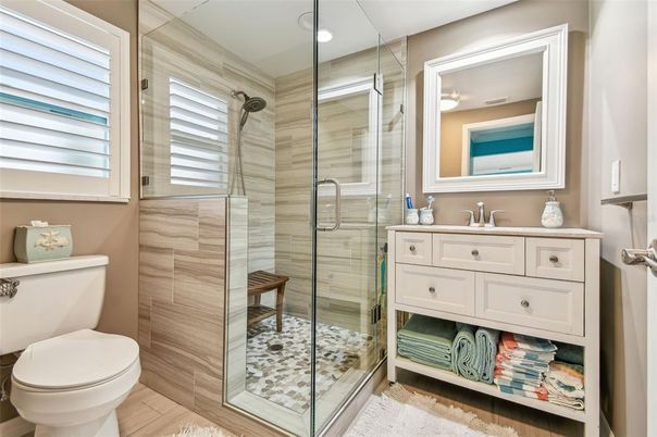 Bathroom, Glass Shower, Interior, Recessed Lighting