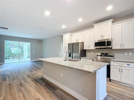 Interior, Kitchen, Recessed Lighting, Stainless Steel Appliances, Wood Texture Flooring