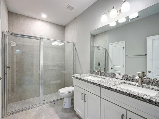 Bathroom, Dual Sink Vanities, Glass Shower, Interior, Recessed Lighting